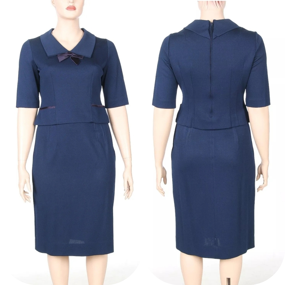 Leslie Pomer Vintage 1950s 60s Blue Collared 2 Piece Skirt & Top Set sz 16